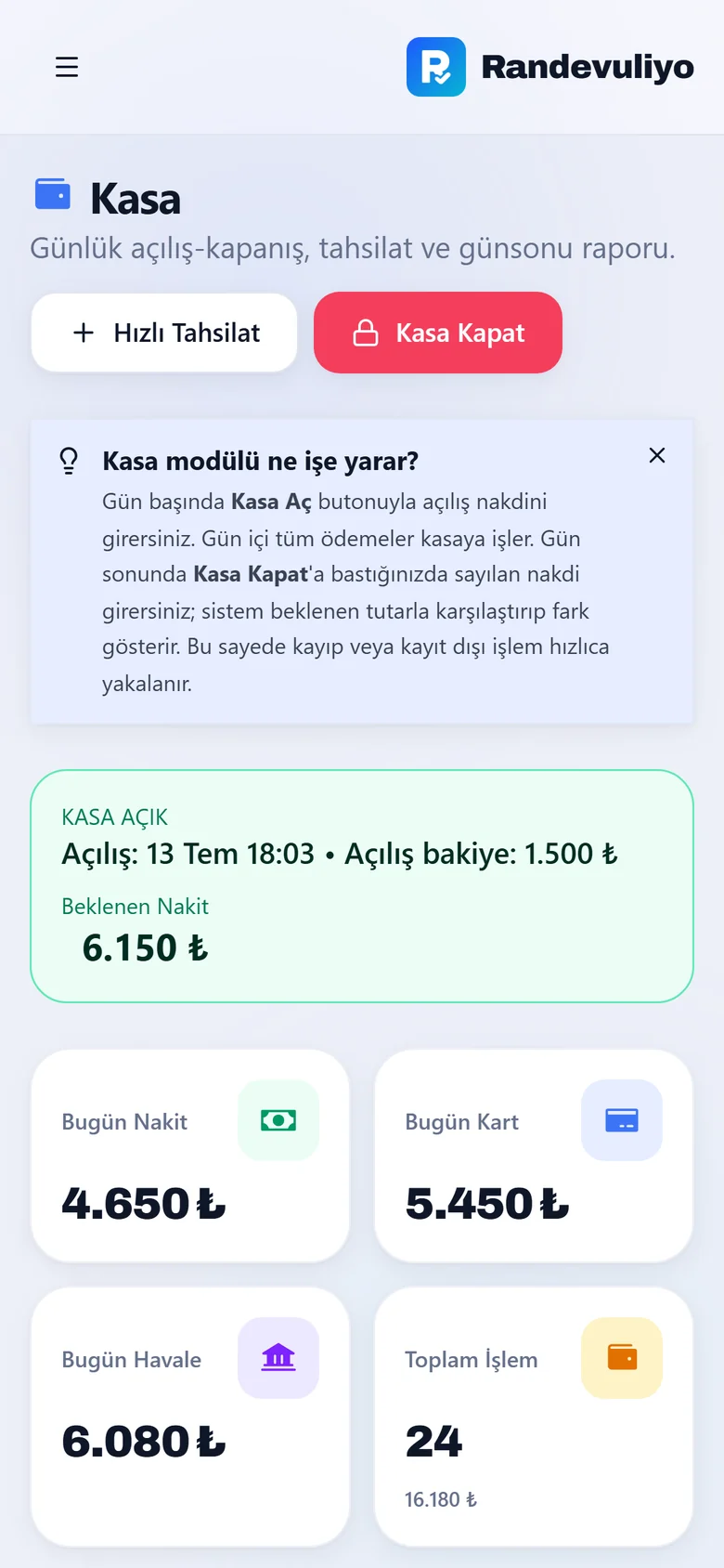 Kasa ve Tahsilat — mobil görünüm
