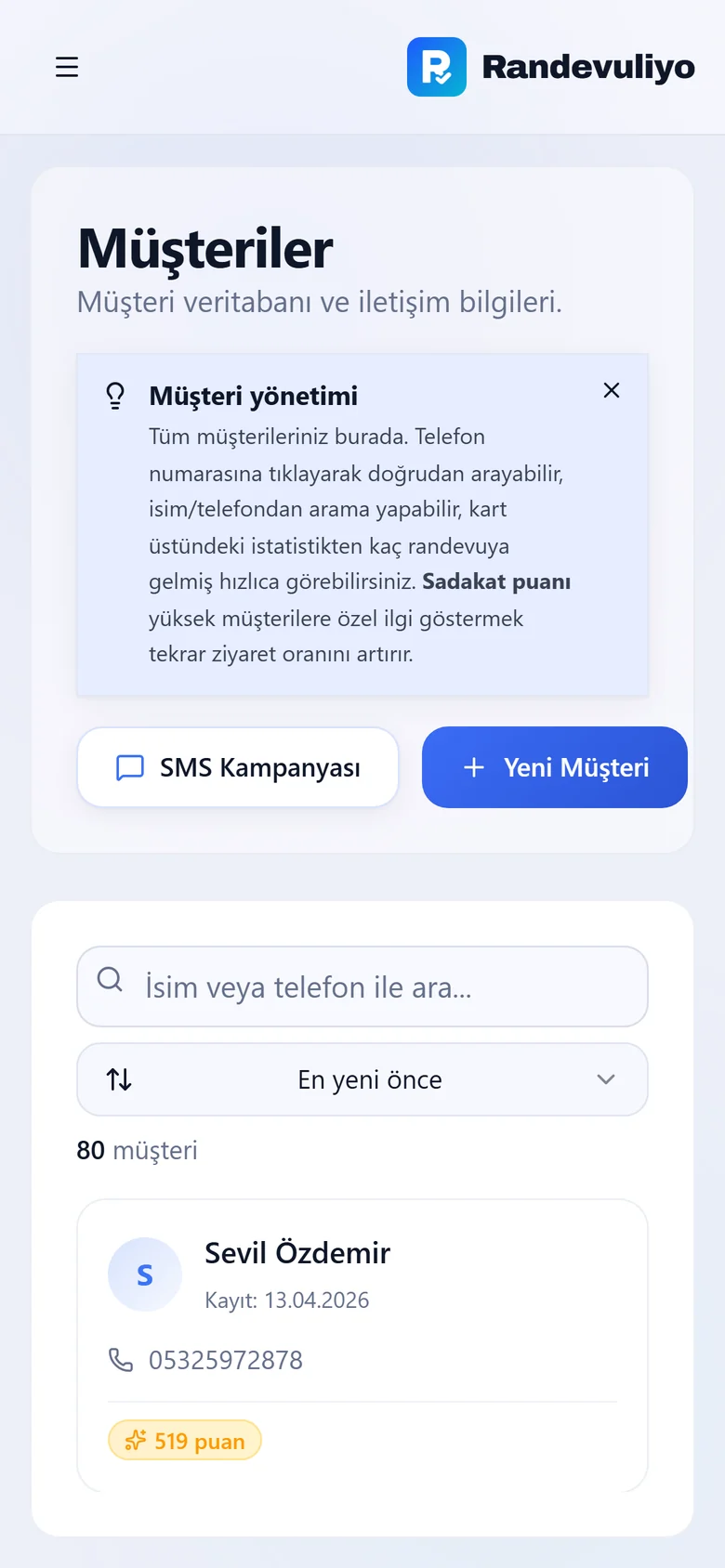 Müşteri Kayıtları — mobil görünüm