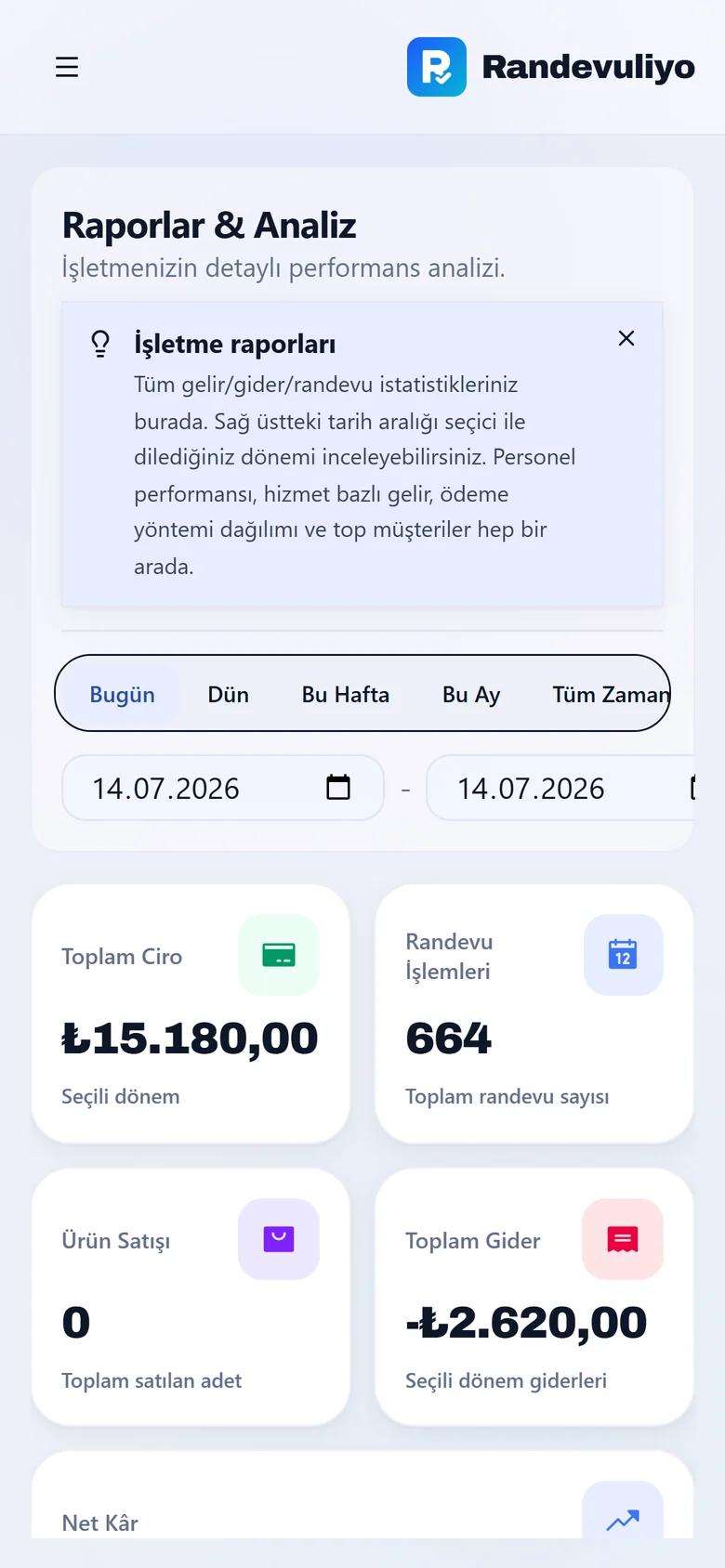 Raporlar — mobil görünüm