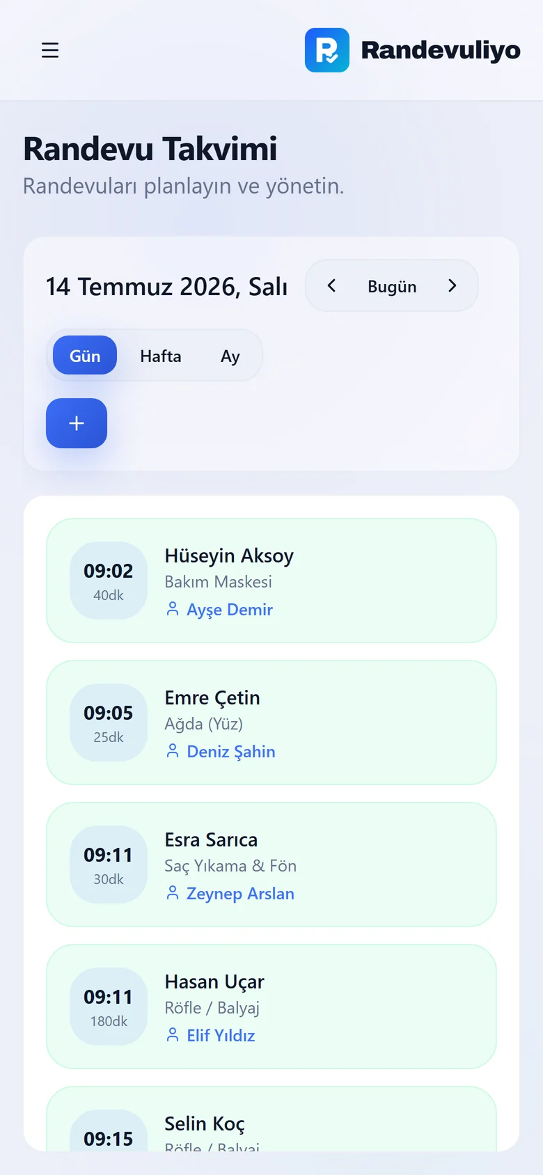 Randevu Takvimi — mobil görünüm